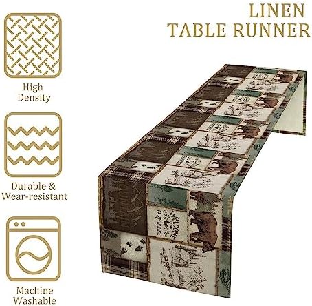 Rustic Cabin Bear Table Runner, Vintage Cottage Country Style Pine Tree Elk Wildlife Dinner Runner for Home Kitchen Dining Table Decoration 13"x90"
