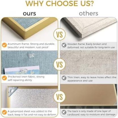 SELEAD Linen Bulletin Board 30” x 20” - Golden Aluminum Frame, Teal Fabric