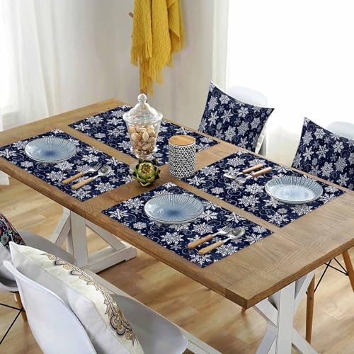 Christmas Placemat 1PC, White Navy Snowflakes Pattern Heat Resistant Washable Table Place Mats Winter Cotton Table Linens Party Holiday Decor for Kitchen Dining Outdoor Indoor