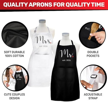 Prazoli Products Couples Aprons, Mr. & Mrs. Est: 2026 Black & White