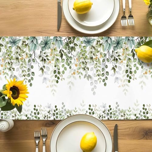 Green Eucalyptus Leaf Table Runner Dresser Scarf 13 x 60 Inch Farm Sage Green Orange Leaves Branch Table Runners Non-Slip Heat Kitchen Dining Tabletop Cover for Indoor Outdoor Home Party Decoration
