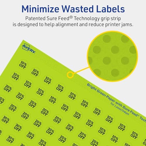 Avery Printable Round Labels, Sure Feed Technology, 1/2" Diameter, Bright Green Labels, Print-to-the-Edge, Laser/Inkjet, 3,080 Total, Great for Price Stickers and Mailing Seals