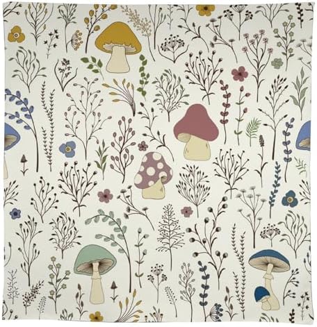 Mushroom Tablecloth, Boho Floral Rustic Wildflower Herbs Plants Colorful Botanical Green Leaves Print Table Cloth for Kitchen Dining Picnic Party Restaurant Decoration 60x110in
