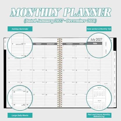 2027-2031 Monthly Planner, 5 Year Monthly Planner/Calendar 20276-2031, 60-Month Jan 2027 – Dec 2031, 9" x 11", Tabs, Double-Side Pocket, Holidays, Thick Paper, Polypropylene Cover - Black