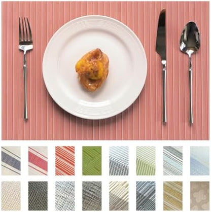 Placemats Set of 8 Vinyl/Plastic Woven Place Mats for Kitchen Table Indoor/Outdoor Washable Placemat Wipeable Dining Table Mats (Red Stripes,8)
