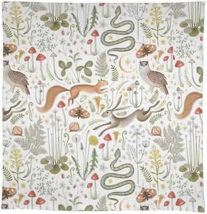 Country Forest Tablecloth, Wild Animal Hare Squirrel Owl Snake Snail Flowers Mushroom Table Cover for Tea Party Weddings Indoor Outdoor Dining 55x75in