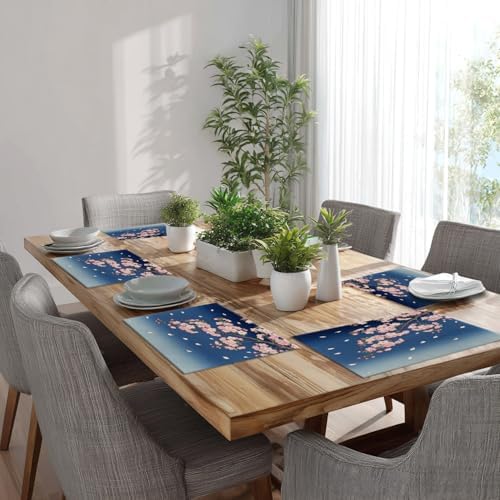 Batmerry Retro Japanese Cherry Blossom Linen Placemats Set of 8, Deep Indigo Flowers Washable Table Mats for Kitchen Table Thickened Heat Insulation Dining Set Indoor Outdoor 12X18 in
