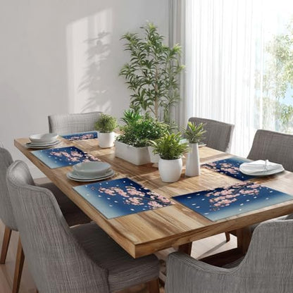 Batmerry Retro Japanese Cherry Blossom Linen Placemats Set of 8, Deep Indigo Flowers Washable Table Mats for Kitchen Table Thickened Heat Insulation Dining Set Indoor Outdoor 12X18 in