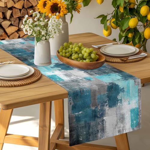 Teal Grey Abstract Art Table Runner Dresser Scarf 13 x 36 Inch Modern Turquoise Color Block Graffiti Table Runners Non-Slip Heat Resistant Kitchen Dining Table Decor for Home Holidays Indoor Outdoor