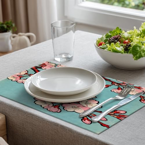Batmerry Shabby Chic Cherry Blossom Linen Placemats Set of 4, Pink Floral Turquoise Background Washable Table Mats for Kitchen Table Thickened Heat Insulation Dining Set Indoor Outdoor 12X18 in