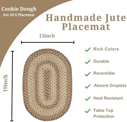 Homespice Cookie Dough Jute Braided Placemats, Oval 13x19 Set of 6