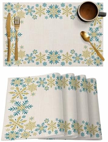 Gold Blue Snowflakes Christmas Placemats Set of 4, Winter Xmas Holiday Heat Resistant Washable Table Place Mats Beige Cotton Table Linens Party Holiday Decor for Kitchen Dining Outdoor Indoor