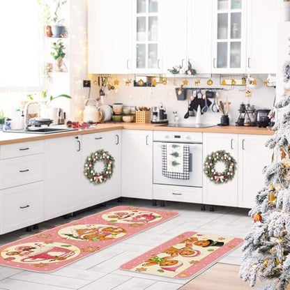 JarThenaAMCS Christmas Kitchen Mats Set of 2 Pink Gingerbread Man Non-Slip Floor Mat Xmas Decorative Rugs for Bathroom Kitchen, 17 x 29 Inch & 17 x 47 Inch