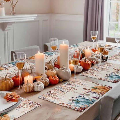 Fall Thanksgiving Placemat, Watercolor Autumn Pumpkins Eucalyptus Leaves Heat Resistant Washable Linen Table Place Mats Party Holiday Decor for Home Kitchen Dining Outdoor Indoor,Blue Orange