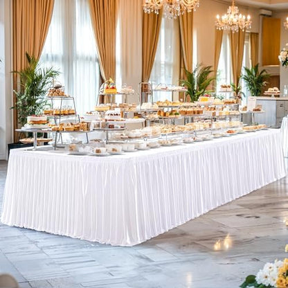 Wish Care 6ft White Satin Table Skirt for Rectangle Tables Wrinkle Free Teacher Desk Skirt Glitter Ruffle Table Skirting Cloth for Office Wedding Birthday Baby Shower Party Banquet Table Decorations