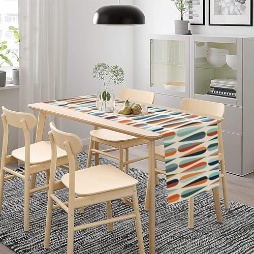 Mid Century Modern Table Runner Retro Blue Orange Grey Water Droplets Geometric Table Runner for Kitchen Dining Room Dining Table Decoration 13x36in