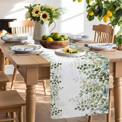 Green Eucalyptus Leaf Table Runner Dresser Scarf 13 x 60 Inch Farm Sage Green Orange Leaves Branch Table Runners Non-Slip Heat Kitchen Dining Tabletop Cover for Indoor Outdoor Home Party Decoration