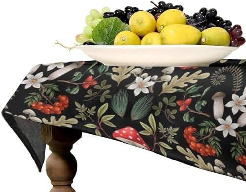 Autumn Mushroom Tablecloth, Rustic Vintage Farmhouse Mushrooms Fern Berries Leaves Botanical Print Table Cover for Outdoor Party Picnic Kitchen Dinning Table Decor 60x120in