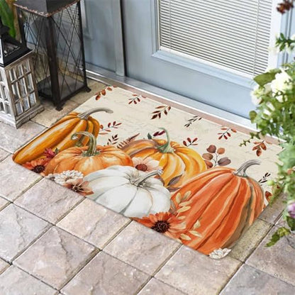 Fall Door Mat Harvest Pumpkin Doormat Orange Flower Eucalyptus Leaves Beige Harvest Thanksgiving Welcome Mat Non Slip Entryway Front Rug Floor Mat for Indoor Outdoor Kitchen Autumn Holiday Decor 18x30