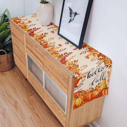 Fall Pumpkin Table Runner Dresser Scarf 18 x 72 Inch Harvest Orange Maple Leaves Table Runners Non-Slip Heat Resistant Kitchen Dining Table Decor for Autumn Thanksgiving Holidays Indoor Outdoor