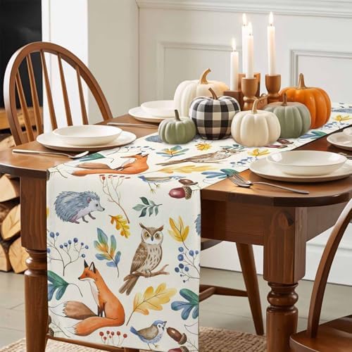 Fall Table Runner Autumn Animal Table Runners Harvest Thanksgiving Owl Bird Fox Leaves Cotton Linen Dresser Scarf Kitchen Dining Table Decor for Autumn Holiday Party Coffee 13x48 Inch