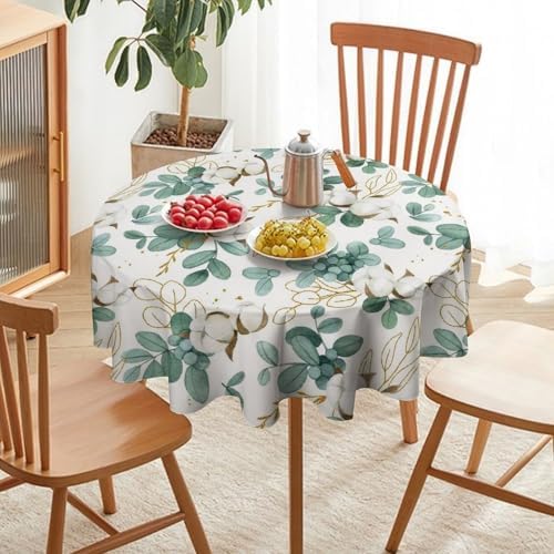 Cotton Flowers Tablecloth, Watercolor Summer Green Golden Eucalyptus Leaves Floral Print Table Cloth for Outdoor Picnic Home Dining Kitchen Table Decor, 70x70in