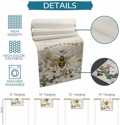 Bee Table Runner Dresser Scarf 13 x 120 Inch Farmhouses Honeybee White Floral Plants Retro Beige Table Runners Non-Slip Heat Resistant Kitchen Dining Table Decor for Home Holidays Indoor Outdoor