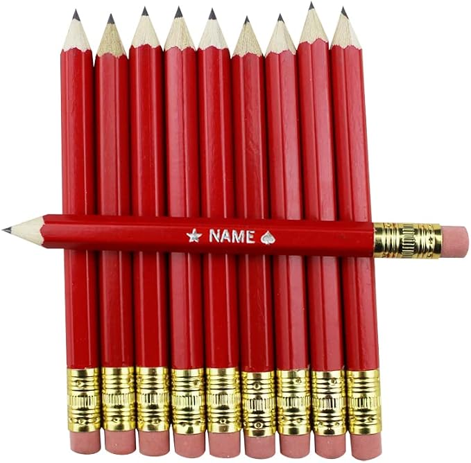 EZPENCILS & GIFTS - Golf Pencils Tipped with Eraser (1/2 a Pencil - Pew Pencils) - Red Colored Barrel - FREE-PERSONALIZATION - 2HB Black Lead - Custom Text - Non-Smear Eraser – Package of 50