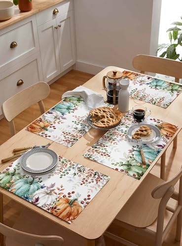 Fall Thanksgiving Placemats Set of 6, Autumn Pumpkins Eucalyptus Leaves Heat Resistant Washable Dining Table Mats Fall Holiday Farmhouse Decor for Kitchen&Linens Outdoor Indoor, Blue Sage Green Orange