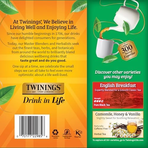 Twinings Irish Breakfast Black Tea Individually Wrapped Bags, 100 Count (Pack of 1), Flavourful, Bold, and Robust, Caffeinated, Enjoy Hot or Iced, 100 Teabags