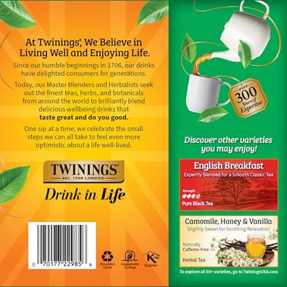 Twinings Irish Breakfast Black Tea Individually Wrapped Bags, 100 Count (Pack of 1), Flavourful, Bold, and Robust, Caffeinated, Enjoy Hot or Iced, 100 Teabags