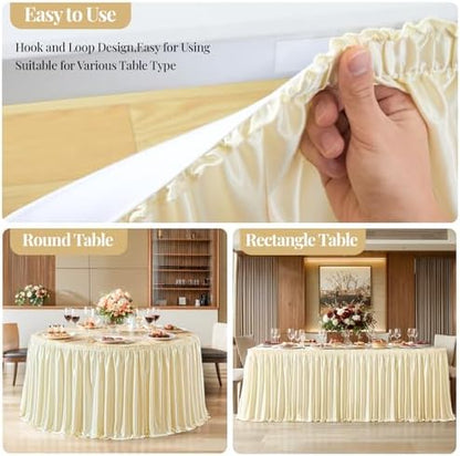 Wish Care 9ft Champagne Satin Table Skirt for Rectangle Tables Wrinkle Free Teacher Desk Skirt Glitter Ruffle Table Skirting Cloth for Back to School Classroom Office Dorm Birthday Party Table Decor