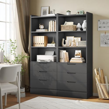 DICTAC Bookcase with 3 Drawers and Shelves 73.23'' Tall Bookshelf with Storage Modern Wood Closet Drawers System,Closet Organizer Unit Freestanding Tall Storage Cabinet for Home Office,Bathroom,Black