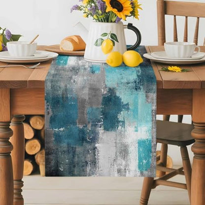 Teal Grey Abstract Art Table Runner Dresser Scarf 13 x 36 Inch Modern Turquoise Color Block Graffiti Table Runners Non-Slip Heat Resistant Kitchen Dining Table Decor for Home Holidays Indoor Outdoor