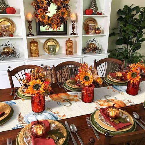 Fall Pumpkin Table Runner Dresser Scarf 13 x 108 Inch Blue Orange Maple Leaf Rustic Table Runners Non-Slip Heat Resistant Kitchen Dining Table Decor for Autumn Thanksgiving Holidays Indoor Outdoor
