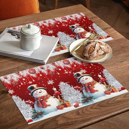 Christmas Red Placemats Set of 6, Cotton Linen Snowflake Cute Snowman Table Mats Non-Slip Washable Xmas Tree Red Christmas Balls Ornaments Placemat for Xmas Dining Kitchen Table Decor
