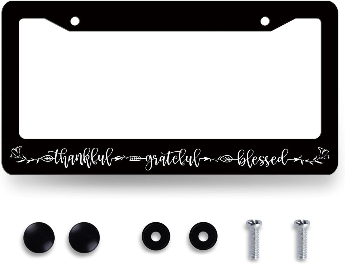 Thankful Grateful Blessed License Plate Frame Christianity License Plate Holder Funny License Plate for Belief Car Decoration Stainless Steel Car Accessory with Screws Men Women 12.3" x 6.3"
