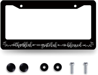 Thankful Grateful Blessed License Plate Frame Christianity License Plate Holder Funny License Plate for Belief Car Decoration Stainless Steel Car Accessory with Screws Men Women 12.3" x 6.3"