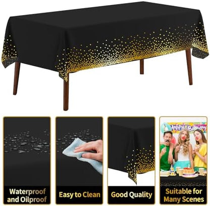 CXPSINC 54 Inch X 300 Feet Plastic Table Cover Roll Disposable Tablecloth with Slide Cutter for All Type/Shape Tables | Party, Banquet, Birthdays, Weddings(Black & Gold Dot, 300 Feet)