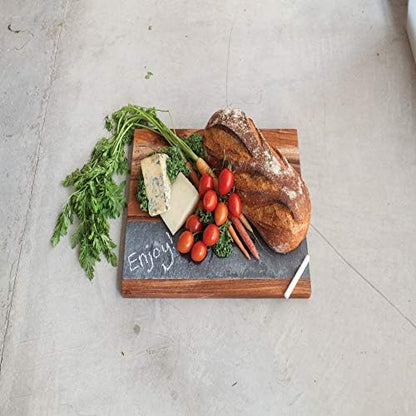 Twine Rustic Farmhouse Wood with Slate Cheese Board and Chalk Set, Acacia Wood and Natural Slate Cutting Board, Soapstone Chalk, 15" by 11", Gourmet Gift Set