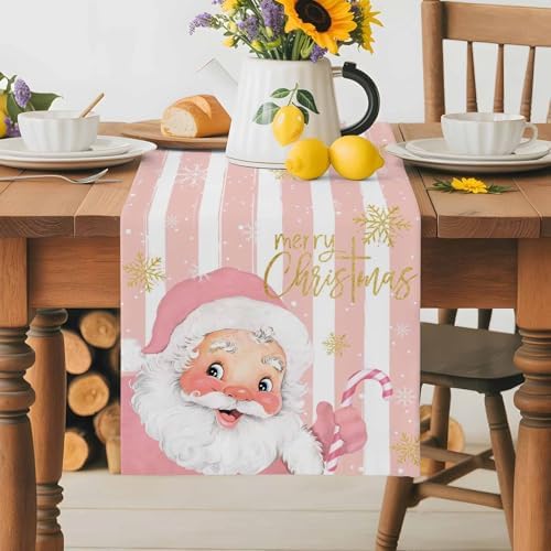 Pink Santa Claus Table Runner Dresser Scarf 13 x 72 Inch Merry Christmas Candy Snowflake White Striped Table Runners Non-Slip Heat Resistant Kitchen Dining Table Decor for Home Holidays Indoor Outdoor