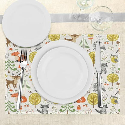 Lunarable Animals Place Mats Set of 8, Woodland Forest Animals Trees Birds Owls Fox Bunny Deer Raccoon Mushroom Print, Washable Fabric Placemats for Dining Table, Placemat 8 pcs, Brown Orange