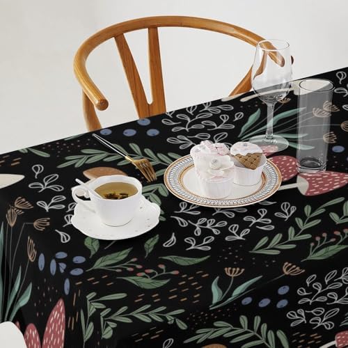 Mushroom Tablecloth, Cartoon Green Leaves Mushroom Wildflower Plant Botanical Herb Nature Garden Print Table Cloth for Home Kitchen Outdoor Party Picnic Wedding Decor 55x75in