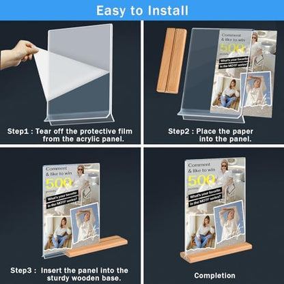 Kersally Acrylic Sign Holder 8.5 x 11, 6 Pack Double-Sided Clear Table Display Stands with Wood Base,Vertical Acrylic Frame Menu Flyer Paper Holder for Stores, Restaurants, Hotels, Office, Show Fair