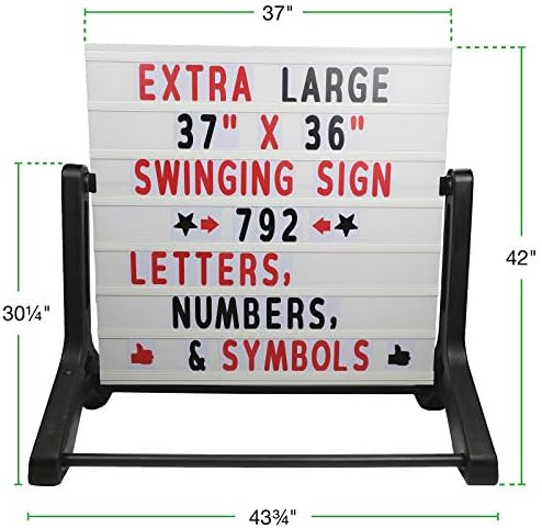 Excello Global Products Swinging Changable Message Sidewalk Sign: 37" x 36" Sign with 792 Pre-Cut Double Sided Letters and Storage Box. Includes Black Sign Board & 4 Liquid Chalkboard & Letter Board