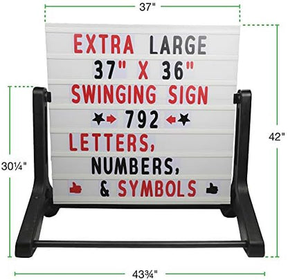 Excello Global Products Swinging Changable Message Sidewalk Sign: 37" x 36" Sign with 792 Pre-Cut Double Sided Letters and Storage Box. Includes Black Sign Board & 4 Liquid Chalkboard & Letter Board