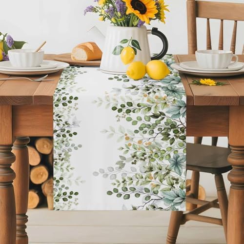 Green Eucalyptus Leaf Table Runner Dresser Scarf 13 x 60 Inch Farm Sage Green Orange Leaves Branch Table Runners Non-Slip Heat Kitchen Dining Tabletop Cover for Indoor Outdoor Home Party Decoration