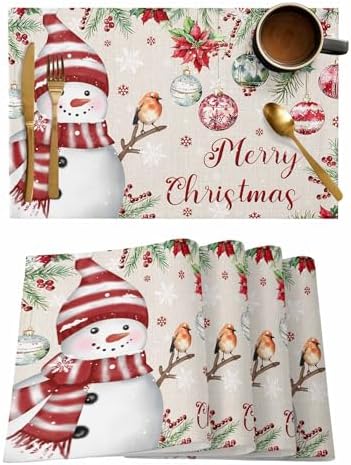 Merry Christmas Placemats Set of 6, Cotton Linen Snowman Table Mats Non-Slip Washable Snowflake Christmas Tree Balls Poinsettia Flower Retro Placemat for Holiday Banquet Dining Kitchen Table Decor