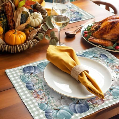 Fall Thanksgiving Placemats Set of 6, Navy Blue Pumpkins Green Eucalyptus Leaves Heat Resistant Washable Table Place Mats Sage Farmhouse Plaid Table Linens Decor for Home Kitchen Dining Outdoor Indoor