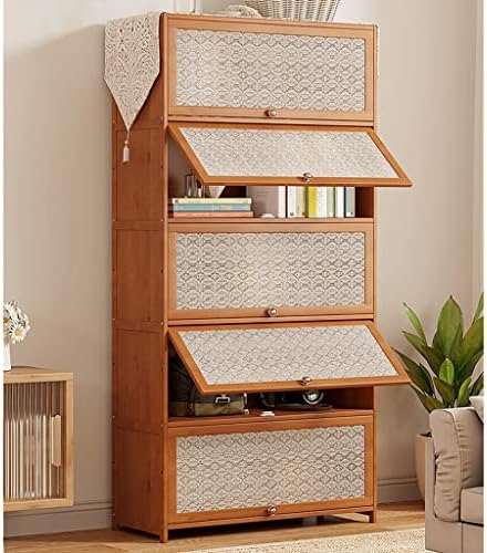 Bamboo Bookcase with flip-up Acrylic Doors, 1-5 Tier Free Standing Book Shelf Storage Organizer for Living Room Office Bedroom (Wood 80 * 32 * 172cm)